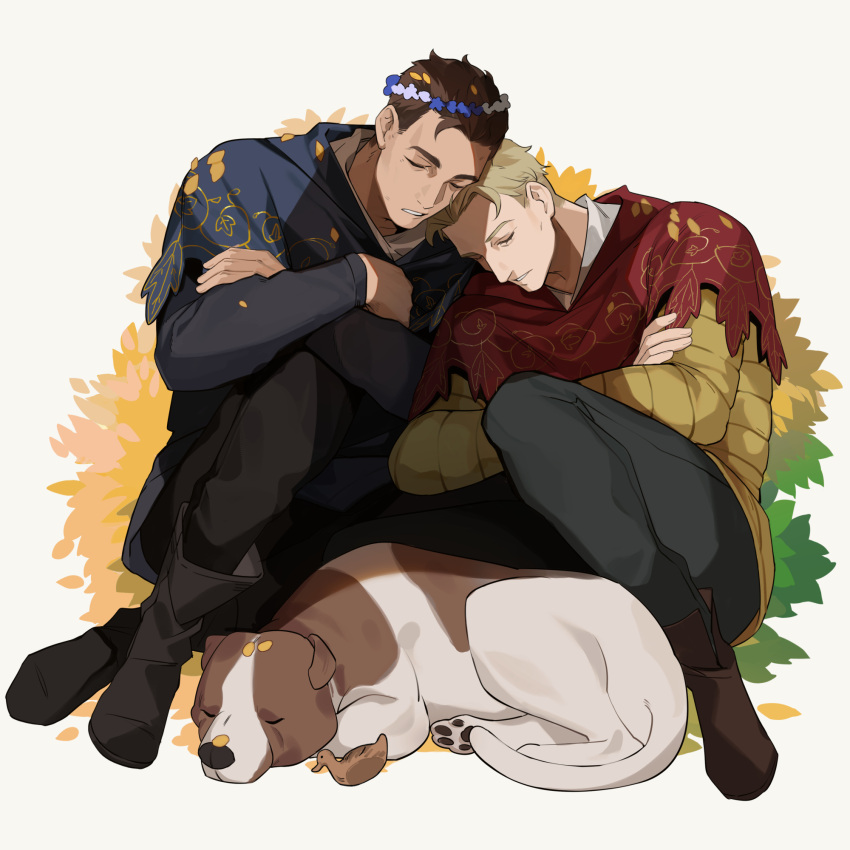 2boys, bird, black_pants, black_shirt, black_shoes, blonde_hair, blue_capelet, brown_hair, brown_shoes, capelet, closed_eyes, crossed_arms, dog, duck, hans_capon, hashtag-only_commentary, head_wreath, henry_of_skalitz, highres, kingdom_come:_deliverance_ii, leaning_on_person, male_focus, multiple_boys, pants, pimonoooo, red_capelet, shirt, shoes, short_hair, short_sideburns, sideburns, simple_background, sitting, sleeping, white_background, yellow_shirt