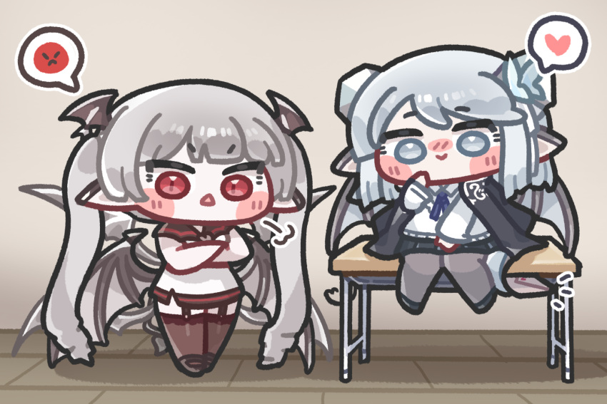 2girls, blush_stickers, closed_mouth, commentary_request, daya_(trickcal), garter_straps, grey_hair, korean_commentary