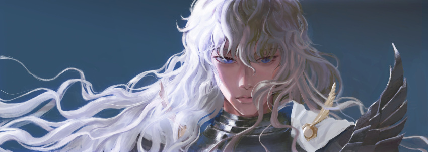 1boy, absurdres, armor, berserk, blue_background, blue_eyes, cape, closed_mouth