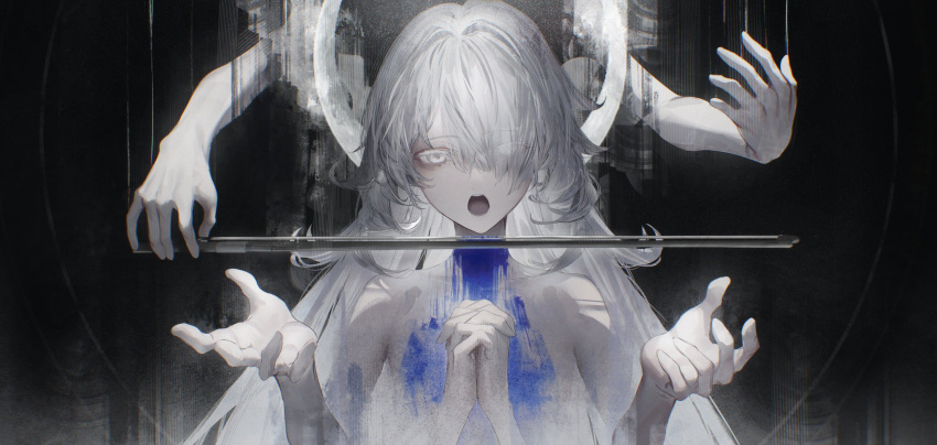 1girl, arahenas, bow_(music), geppaku_lui, hair_over_one_eye, halo, highres, long_hair