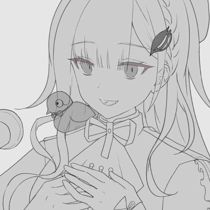 1girl, :d, animal_on_shoulder, bird, bird_on_shoulder, braid, commentary_request, greyscale, hair_behind_ear, hair_ornament, hands_on_own_chest, hands_up, hat, huyuya_toi, lineart, lize_helesta, long_hair, looking_at_viewer, monochrome, monocle, neck_ribbon, nijisanji, open_mouth, own_hands_together, portrait, ribbon, sanbaka_anniversary_outfit, sebastian_piyodore, simple_background, smile, virtual_youtuber