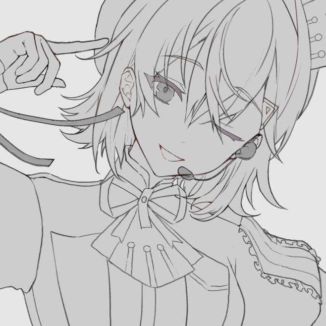 1girl, :d, ange_katrina, commentary_request, crossed_bangs, greyscale, hair_between_eyes, hair_ornament