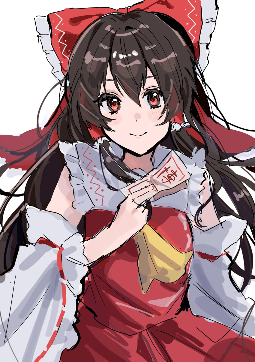 1girl, ascot, bow, brown_hair, commentary_request, detached_sleeves, frilled_bow, frilled_hair_tubes