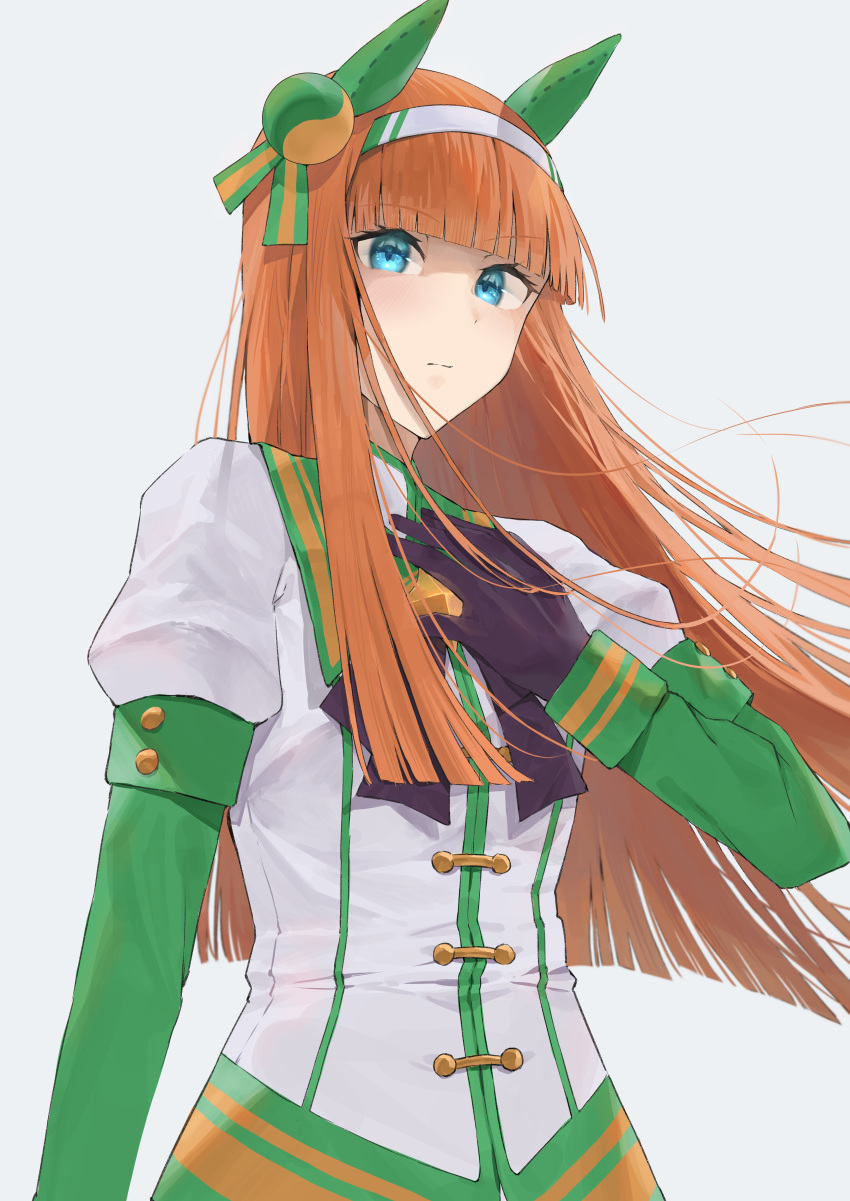 1girl, 9_no_seicho_nikki, absurdres, animal_ears, black_bow, black_gloves, blunt_bangs, blush, bow, closed_mouth, commentary_request, ear_covers, gloves, green_eyes, green_sailor_collar, green_sleeves, hairband, highres, hime_cut, horse_ears, horse_girl, long_hair, long_sleeves, looking_at_viewer, orange_hair, sailor_collar, silence_suzuka_(innocent_silence)_(umamusume), silence_suzuka_(umamusume), simple_background, solo, umamusume, upper_body, white_hairband