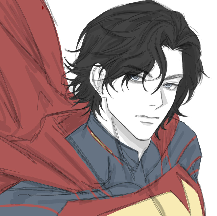 1boy, absolute_dc, absolute_superman, black_hair, blue_eyes, cape, closed_mouth, commentary