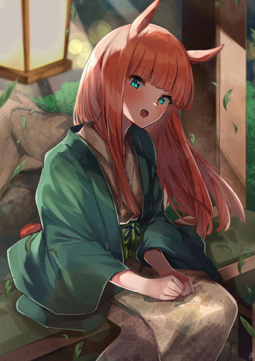 1girl, absurdres, animal_ears, blue_eyes, blunt_bangs, blush, brown_kimono, commentary_request