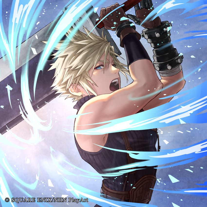 1boy, absurdres, blue_eyes, buster_sword, cloud_strife, copyright_notice, dissidia_duellum_final_fantasy, dissidia_final_fantasy, final_fantasy, final_fantasy_vii, gauntlets, gloves, highres, holding, holding_sword, holding_weapon, huge_weapon, official_art, open_mouth, over_shoulder, single_gauntlet, sleeveless, sleeveless_turtleneck, spiky_hair, suspenders, sword, teeth, turtleneck, upper_body, upper_teeth_only, weapon, weapon_over_shoulder, yamashita_miki