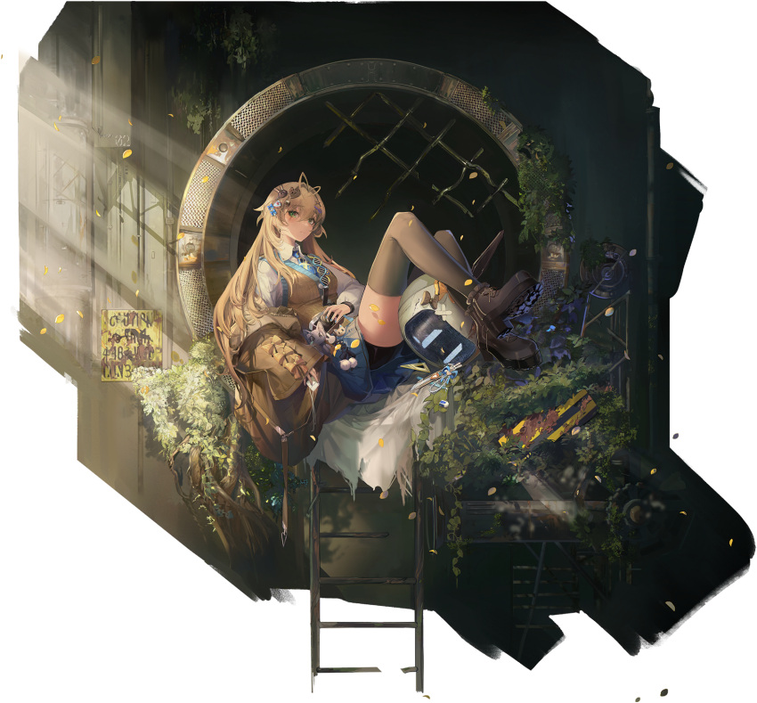 1girl, artist_request, black_boots, black_socks, blonde_hair, boots, boxcutter, cake_hair_ornament