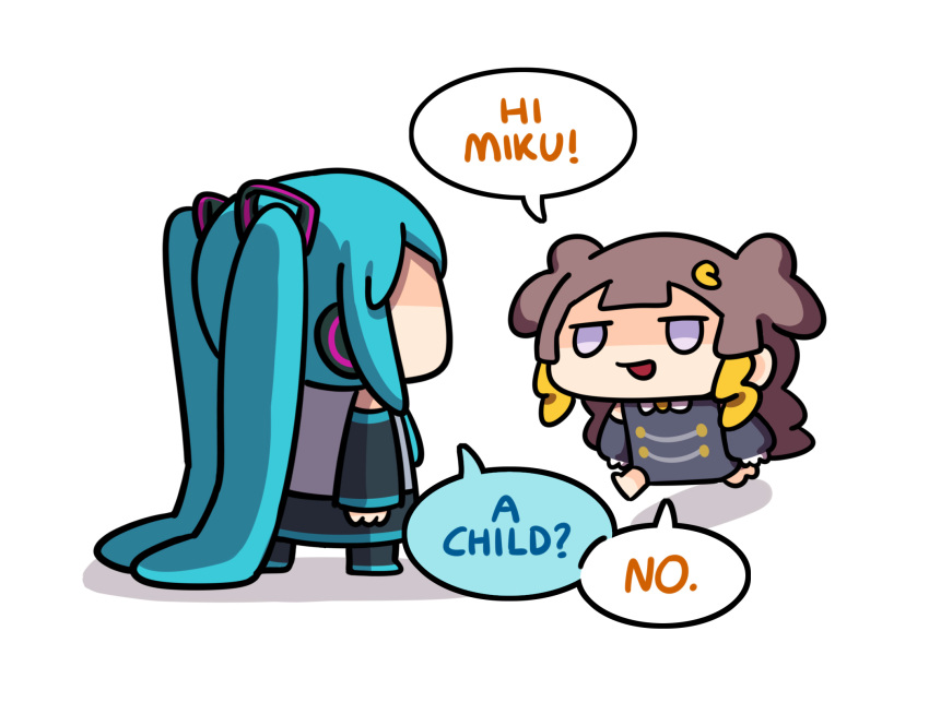 2girls, anya_melfissa, anya_melfissa_(1st_costume), aqua_hair, blonde_hair, brown_hair, chibi, detached_sleeves