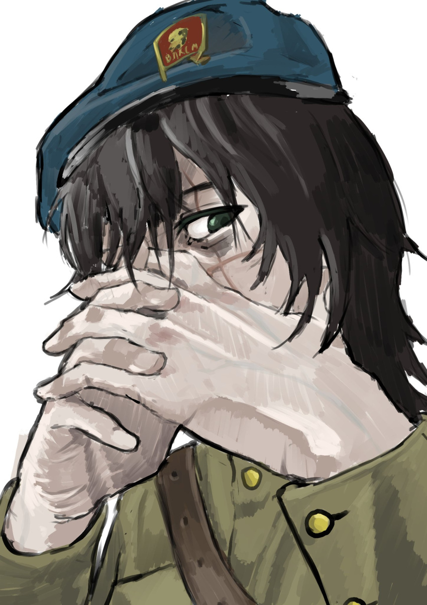 1boy, beret, black_hair, blue_hat, brush_stroke, communism, covered_mouth, doghunt14716979