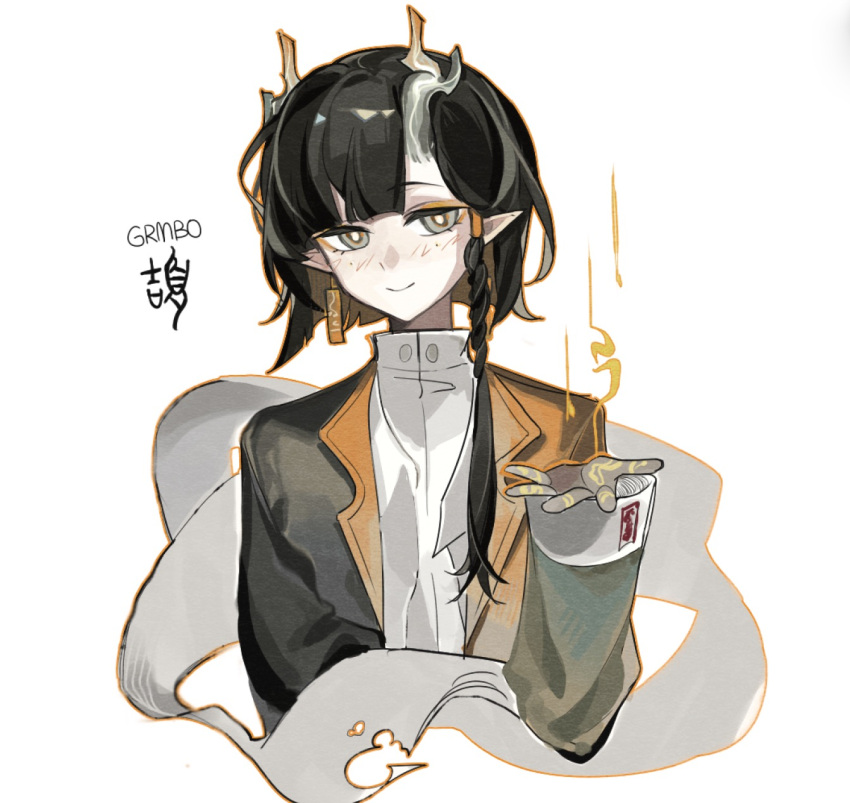 1girl, arknights, black_hair, black_jacket, blunt_bangs, braid, character_name, chinese_commentary, colored_extremities, commentary_request, cropped_torso, dragon_horns, earrings, eastern_dragon_horns, english_text, eyeshadow, grey_eyes, haixianshichang75798, hand_tattoo, hand_up, highres, horns, jacket, jewelry, jie_(arknights), light_blush, looking_at_viewer, makeup, orange_eyeshadow, orange_jacket, pointy_ears, shirt, short_hair, side_braid, smile, solo, spread_fingers, straight-on, tassel, tassel_earrings, tattoo, white_background, white_shirt