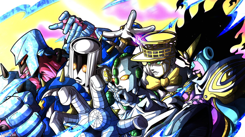 5others, absurdres, black_hair, blue_eyes, blue_skin, bow, bowtie, colored_skin