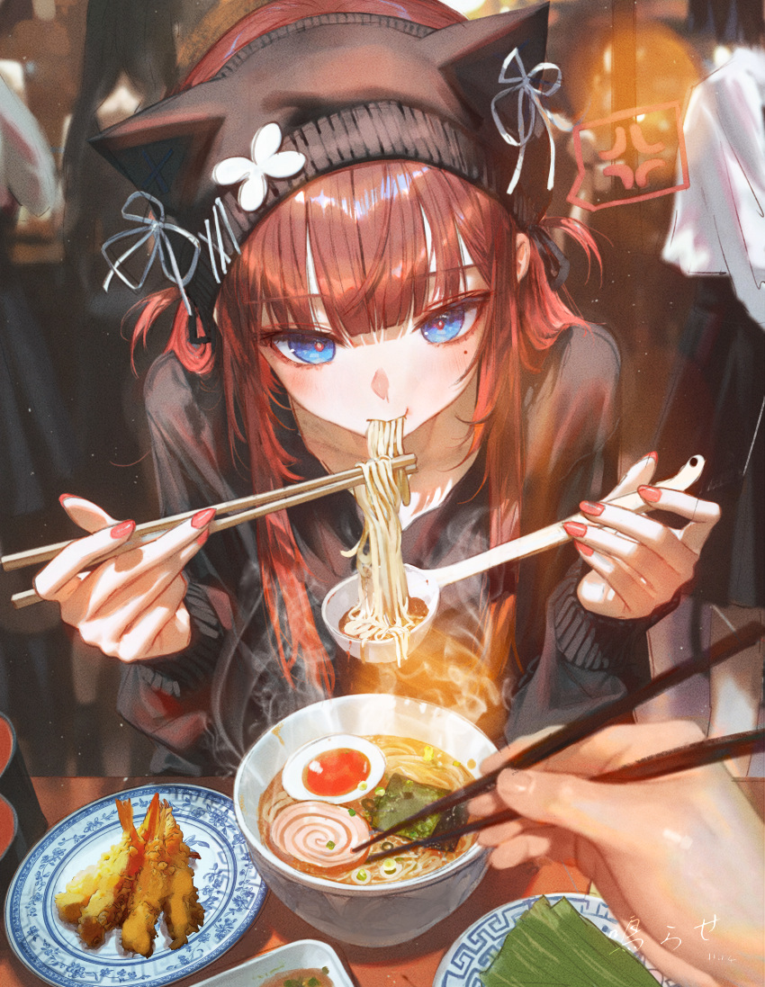 1boy, 1girl, absurdres, animal_ears, applying_manicure, bar_censor, black_bow, black_hair