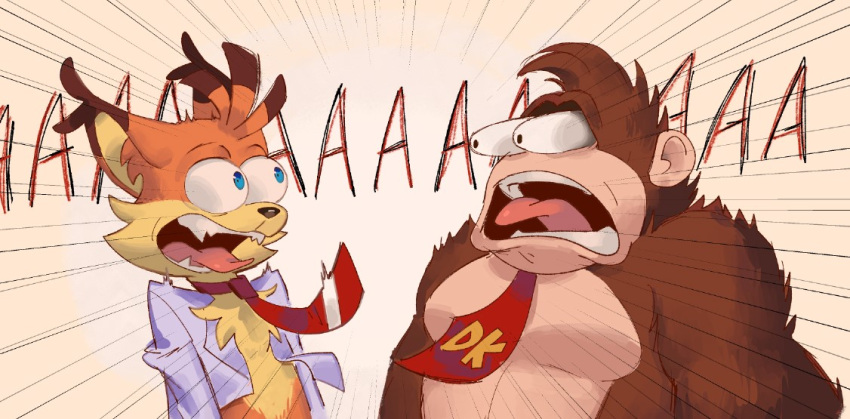 2boys, animal_ears, animal_nose, antlers, bear_boy, blue_eyes, brown_fur, bubsy