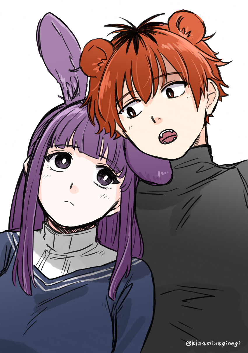 1boy, 1girl, absurdres, animal_ears, blunt_bangs, breasts, brown_eyes, couple, fang, fern_(sousou_no_frieren), highres, large_breasts, long_hair, open_mouth, purple_hair, rabbit_ears, red_hair, simple_background, sousou_no_frieren, stark_(sousou_no_frieren), takumi_(wichiha), turtleneck, upper_body, violet_eyes, white_background