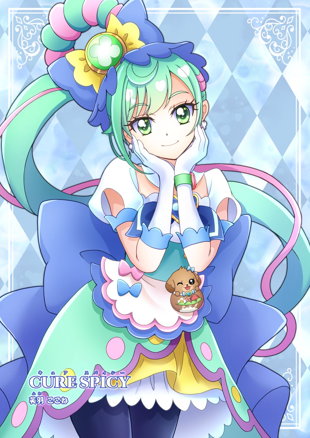 1girl, ankle_bow, argyle_background, back_bow, birthday, blue_background, blue_bow, blue_hair, blue_pantyhose, blue_theme, bow, bow_apron, brooch, burafu_maru, commentary_request, cure_spicy, delicious_party_precure, dress, earrings, fuwa_kokone, gloves, green_eyes, hair_bow, hair_rings, happy_birthday, heart, heart_brooch, highres, huge_bow, jewelry, long_hair, looking_at_viewer, magical_girl, medium_dress, pam-pam, pantyhose, precure, side_ponytail, single_hair_ring, smile, very_long_hair, white_gloves