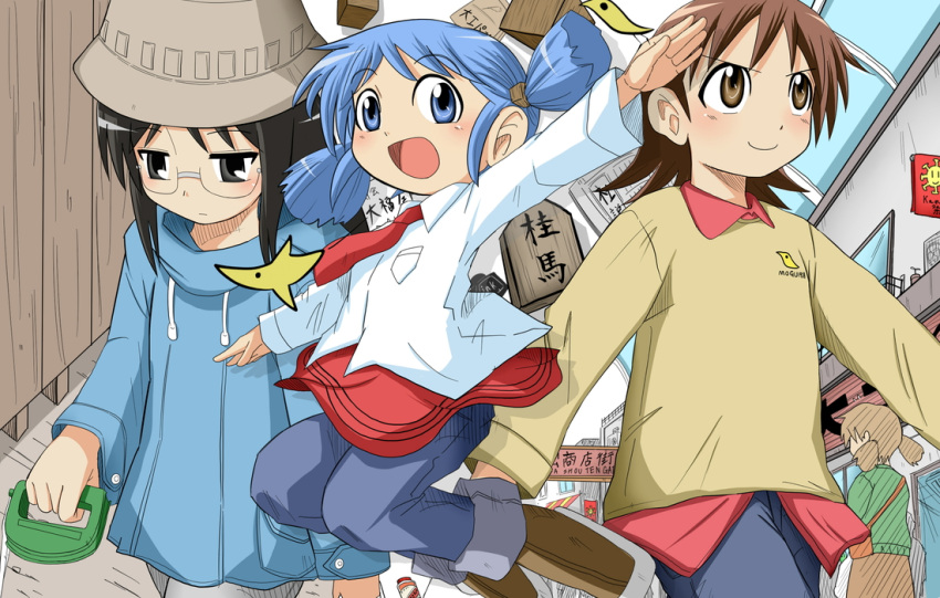 aioi_yuuko, black_eyes, black_hair, blue_eyes, blue_hair, brown_eyes, brown_hair, hair_cubes