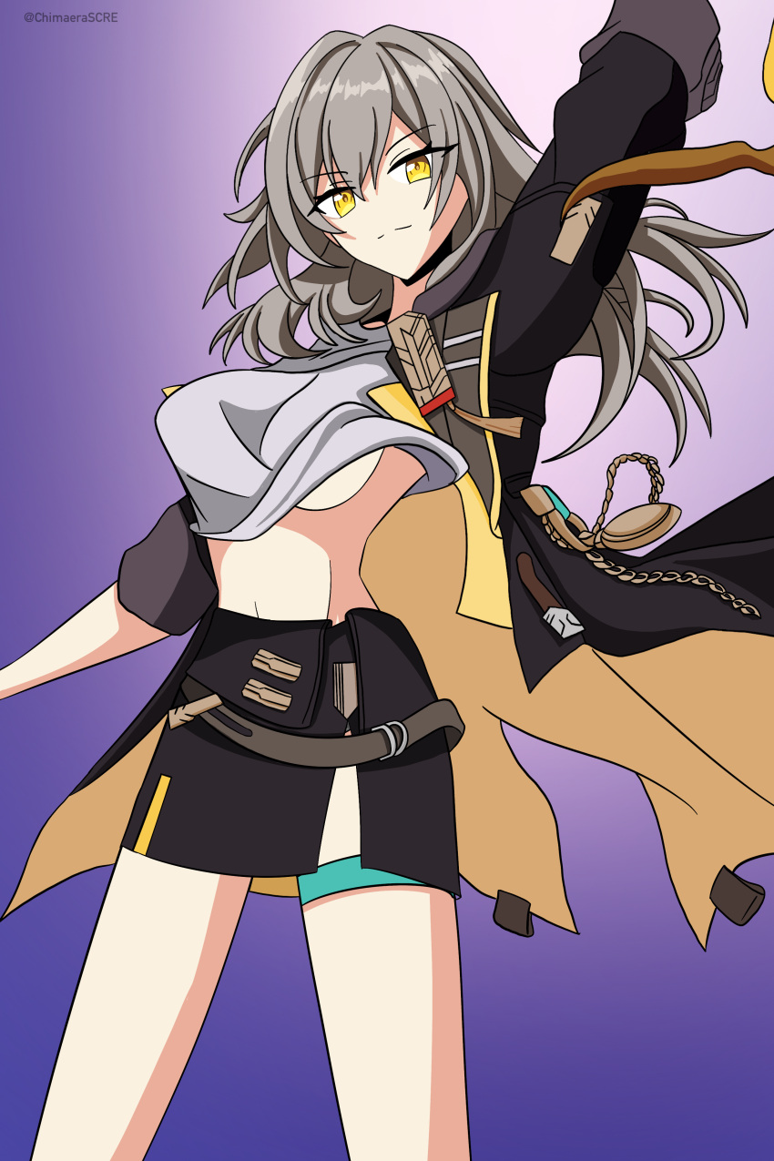 1girl, absurdres, accidental_exposure, arm_up, assisted_exposure, black_jacket, breasts, chimaera_scre, clothes_lift, grey_hair, highres, honkai:_star_rail, honkai_(series), jacket, long_hair, looking_at_viewer, no_bra, shirt_lift, smile, solo, standing, stelle_(honkai:_star_rail), stomach, trailblazer_(honkai:_star_rail), wardrobe_malfunction, yellow_eyes