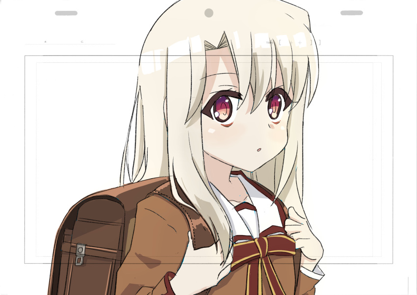1girl, absurdres, backpack, bag, chocomi6517, commentary_request, fate/kaleid_liner_prisma_illya, fate_(series), highres, homurabara_academy_elementary_school_uniform, illyasviel_von_einzbern, long_hair, long_sleeves, looking_at_viewer, randoseru, red_eyes, school_uniform, white_background