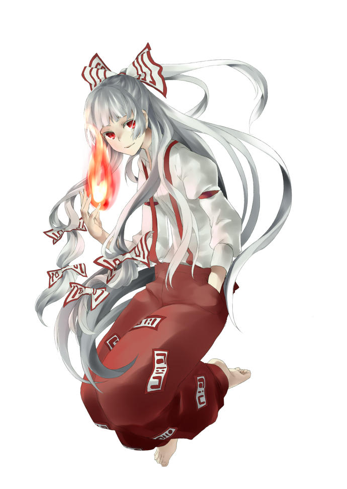 asagi-so, bad_id, barefoot, fire, fujiwara_no_mokou, hand_in_pocket, pants, silver_hair