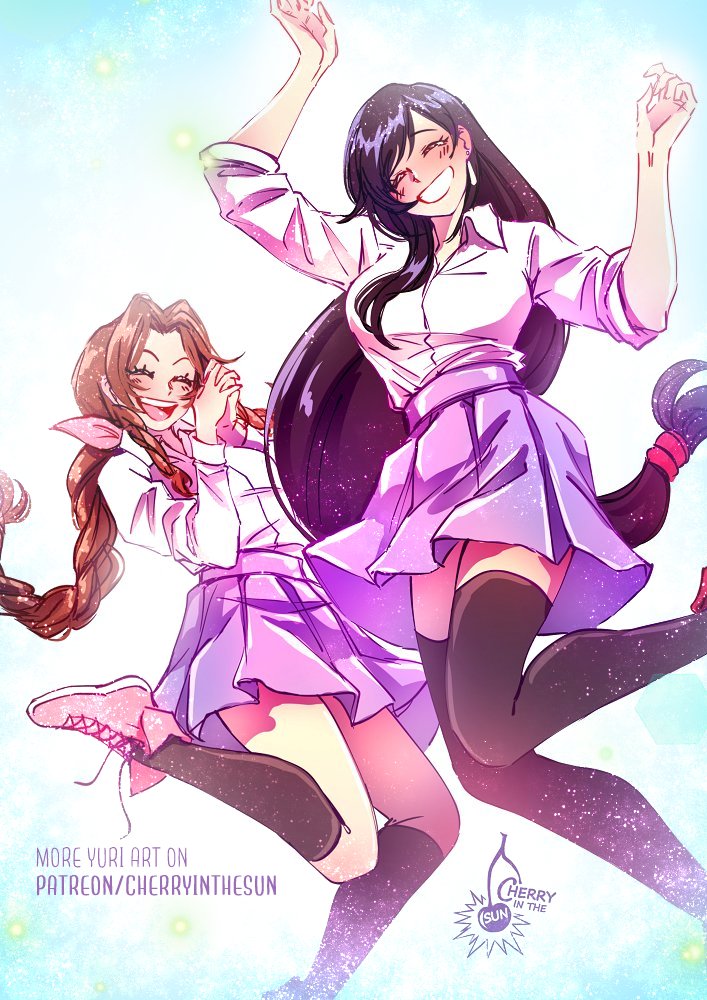 aerith_gainsborough, arms_up, artist_logo, black_socks, black_thighhighs, blush, braid, braided_ponytail