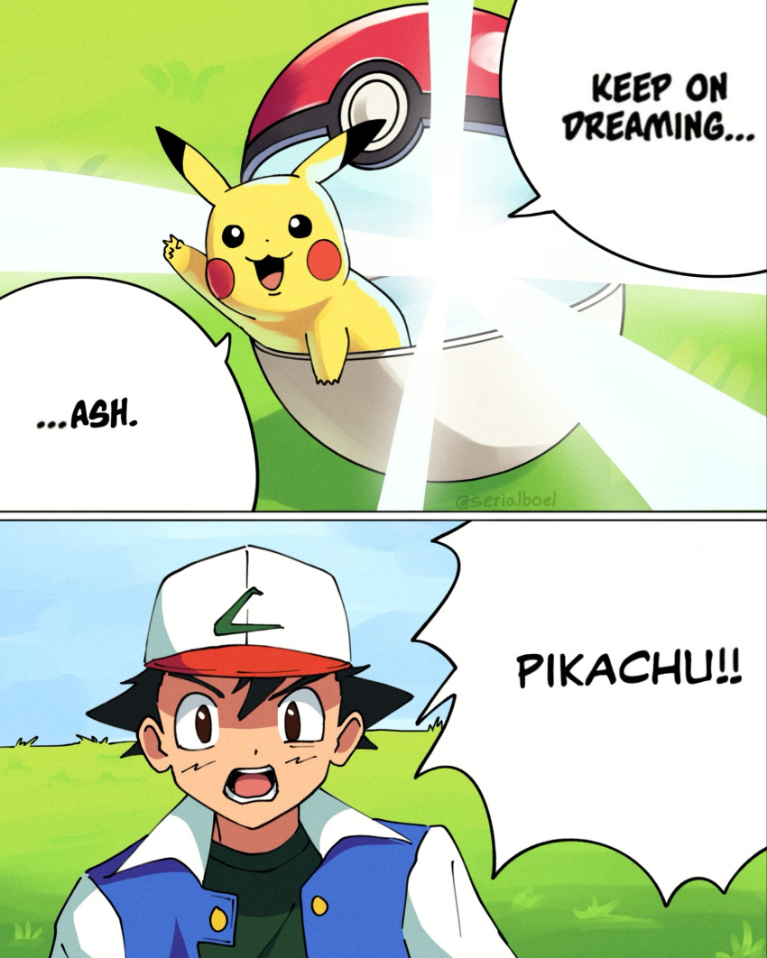 1boy, ash_ketchum, baseball_cap, black_hair, brown_eyes, chainsaw_man, character_name, english_text