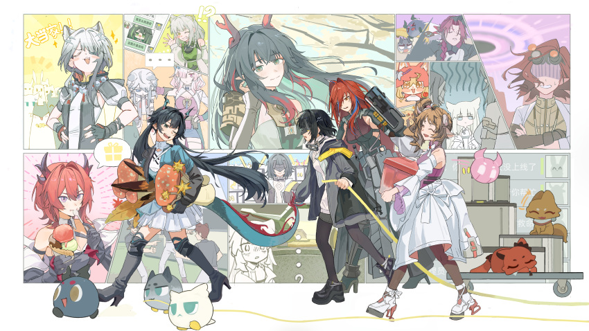 6+girls, absurdres, animal_ears, ardelia_(arknights), arknights, arknights:_endfield, black_coat, black_hair, blonde_hair, boots, chen_qianyu_(arknights), coat, commentary_request, demon_girl, demon_horns, dragon_girl, dragon_horns, dragon_tail, eastern_dragon_horns, eastern_dragon_tail, ember_(arknights), endministrator_(arknights), eyjafjalla_(arknights), female_endministrator_(arknights), full_body, green_eyes, grey_hair, high_heel_boots, high_heels, highres, horns, laevatain_(arknights), long_hair, longbaojun, low_twintails, m3_(arknights), medium_hair, mi_fu_(arknights), multicolored_hair, multiple_girls, open_clothes, open_coat, pantyhose, perlica_(arknights), pointy_ears, qin_jiangchi_(arknights), red_hair, rossi_(arknights), sheep_girl, sheep_horns, short_hair, streaked_hair, surtr_(arknights), tail, tangtang_(arknights), tiger_ears, tiger_girl, twintails, violet_eyes, walking, yellow_eyes, zhuang_fangyi_(arknights)