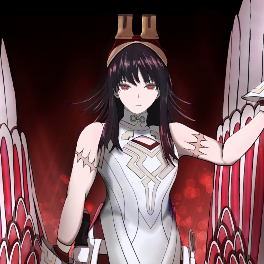 1girl, aviator_goggles, bare_shoulders, bird_girl, black_background, black_hair, commentary, english_commentary, fire_emblem, fire_emblem_heroes, gloves, highres, hraesvelgr_(fire_emblem), long_hair, looking_at_viewer, matchanosuke_fe, mixed-language_commentary, red_eyes, red_trim, red_wings, solo, tool_belt, wings
