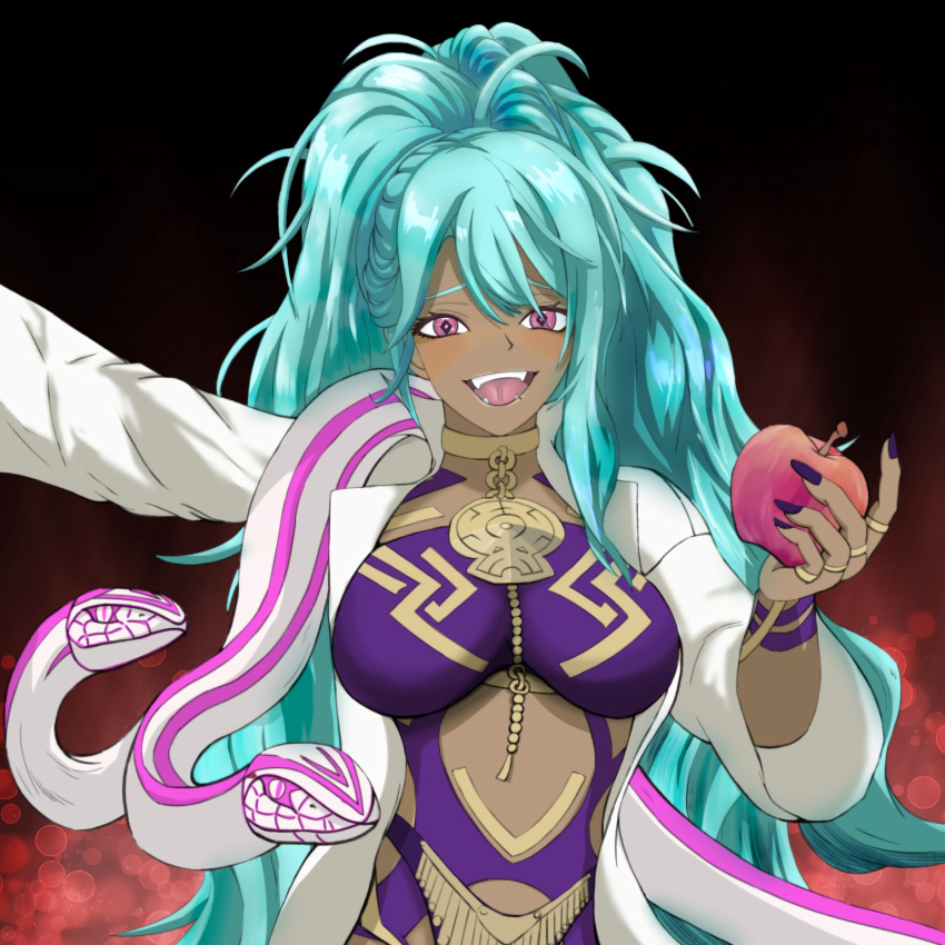 1girl, apple, aqua_hair, black_background, blush, body_markings, breasts, commentary, dark-skinned_female, dark_skin, drunk, english_commentary, fangs, fire_emblem, fire_emblem_heroes, food, fruit, gold_choker, highres, holding, holding_food, holding_fruit, jewelry, large_breasts, long_fingernails, long_hair, long_sleeves, matchanosuke_fe, messy_hair, mixed-language_commentary, multiple_rings, nail_polish, nidhoggr_(fire_emblem), pink_eyes, ponytail, purple_nails, revealing_clothes, revision, ring, robe, smile, snake, solo, upper_body, very_long_hair, white_robe