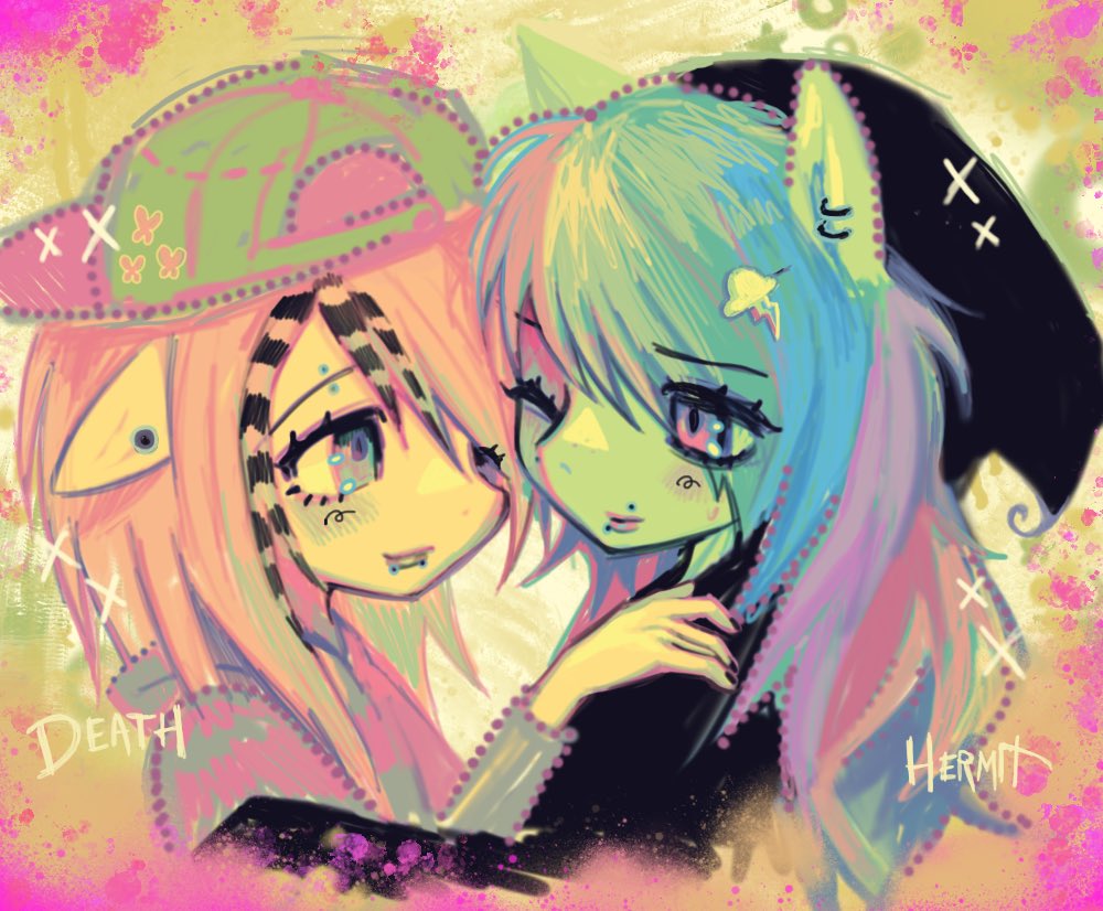 2girls, abstract_background, animal_ears, aqua_hoodie, backwards_hat, baseball_cap, black_hair, black_hat