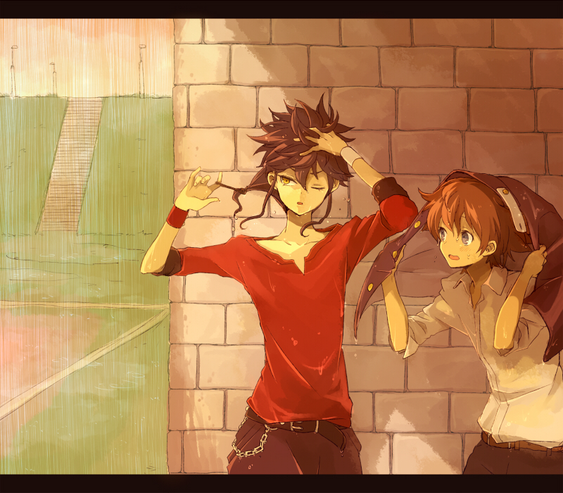 adjusting_hair, blue_hair, bracelet, brown_hair, cloak, inazuma_eleven, inazuma_eleven_(series), inazuma_eleven_go, jewelry, letterboxed, male, matsukaze_tenma, multiple_boys, rain, short_hair, tsurugi_kyousuke, wet, wet_hair, yellow_eyes, yy888s