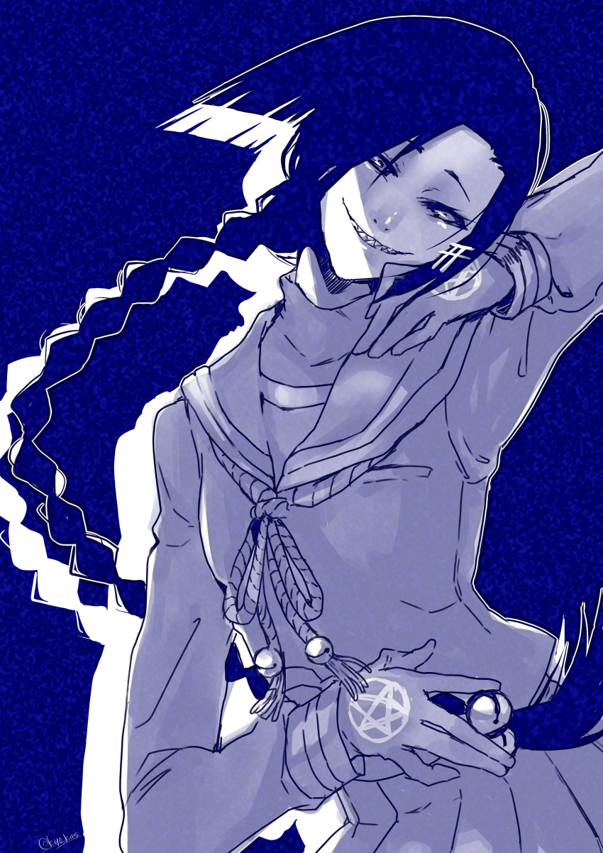 1girl, absurdres, bell, blue_background, blue_theme, braid, chikujouin_magane, commentary