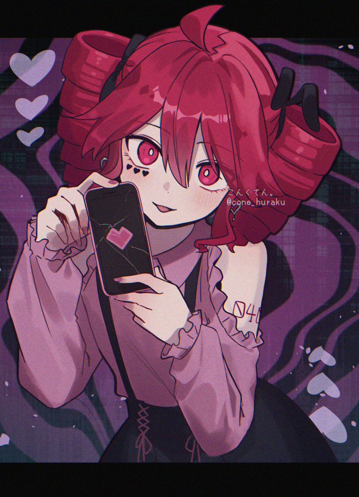 1girl, :p, ahoge, alternate_costume, black_background, black_skirt, blush, bright_pupils, broken_glass, cellphone, collared_shirt, commentary_request, corn_kuten, cowboy_shot, drill_hair, facial_mark, frilled_sleeves, frills, glass, hands_up, heart, heart_facial_mark, heart_print, holding, holding_phone, kasane_teto, leaning_forward, long_sleeves, looking_at_viewer, phone, purple_background, red_eyes, red_hair, shirt, skirt, smartphone, smile, solo, straight-on, suspender_skirt, suspenders, tongue, tongue_out, twin_drills, twintails, twitter_username, utau, white_pupils, white_shirt