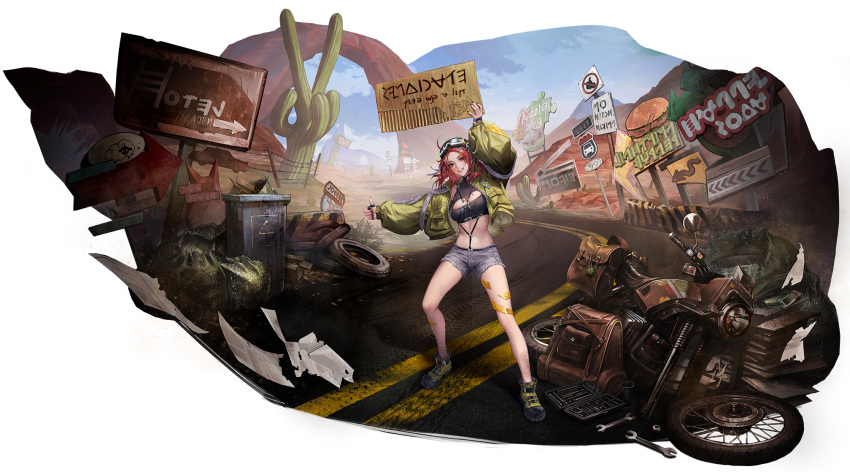 1girl, arrow_(symbol), artist_request, billboard, cactus, clapperboard, cutoff_jeans, cutoffs, demolia_(path_to_nowhere), denim, denim_shorts, fingerless_gloves, gloves, goggles, goggles_on_head, harness, highres, hitchhiking, motor_vehicle, motorcycle, o-ring, o-ring_harness, official_art, path_to_nowhere, recycle_bin, recycling_symbol, red_hair, road, road_sign, shorts, sign, tape, toolbox, tools, trash_bag, unused_tire, v, wrench