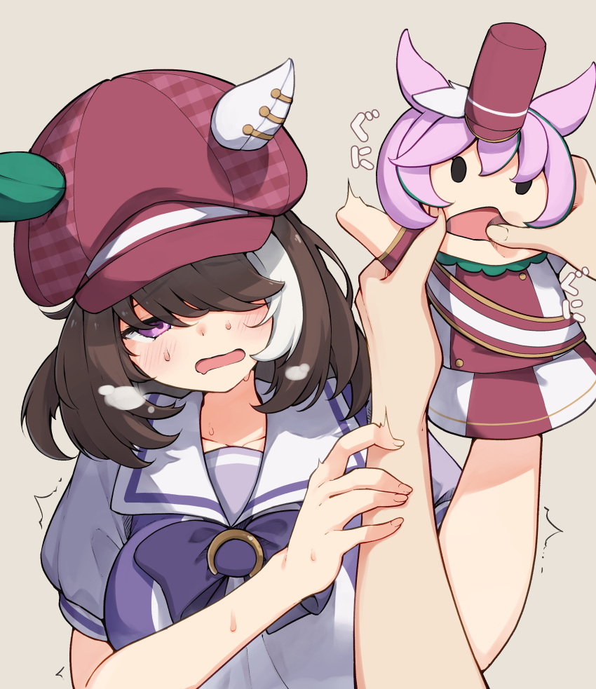 1girl, absurdres, animal_ears, blush, bow, bowtie, brown_hair, commentary_request, hibiki_(zerocodo), highres, horse_ears, horse_girl, horseshoe_ornament, marche_lorraine_(umamusume), medium_hair, multicolored_hair, open_mouth, purple_bow, purple_bowtie, purple_shirt, sailor_collar, sailor_shirt, school_uniform, shirt, simple_background, streaked_hair, tracen_school_uniform, umamusume, white_sailor_collar, white_streaks