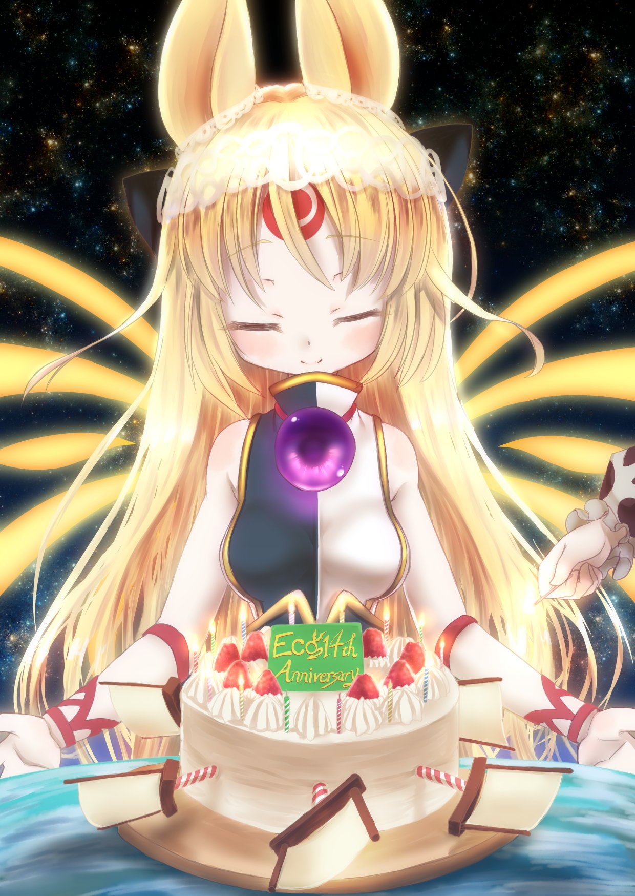 1girl, animal_ears, anniversary, black_dress, black_ribbon, blonde_hair, cake, closed_eyes
