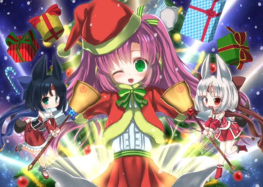 3girls, animal_ears, bell, black_hair, blue_ribbon, boots, box, brown_corset