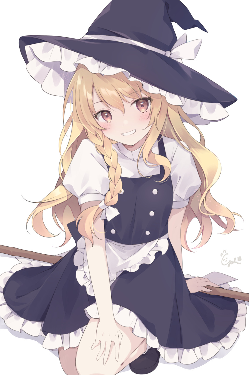 1girl, apron, black_hat, black_skirt, black_vest, blonde_hair, blush, bow, braid, broom, commentary_request, frilled_skirt, frills, grin, hair_bow, hat, hat_bow, highres, kirisame_marisa, long_hair, looking_at_viewer, loveyuzu, puffy_short_sleeves, puffy_sleeves, short_sleeves, side_braid, signature, simple_background, single_braid, skirt, smile, solo, touhou, very_long_hair, vest, waist_apron, white_apron, white_background, white_bow, witch_hat, yellow_eyes