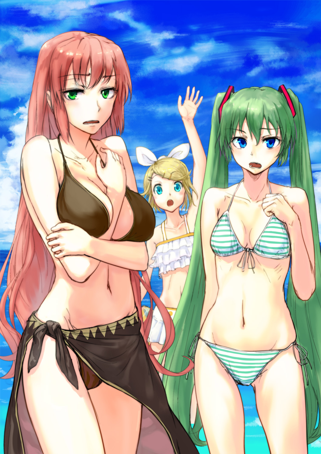 aqua_eyes, arm_up, between_breasts, bikini, blonde_hair, blue_eyes, breasts, chourui_keiko