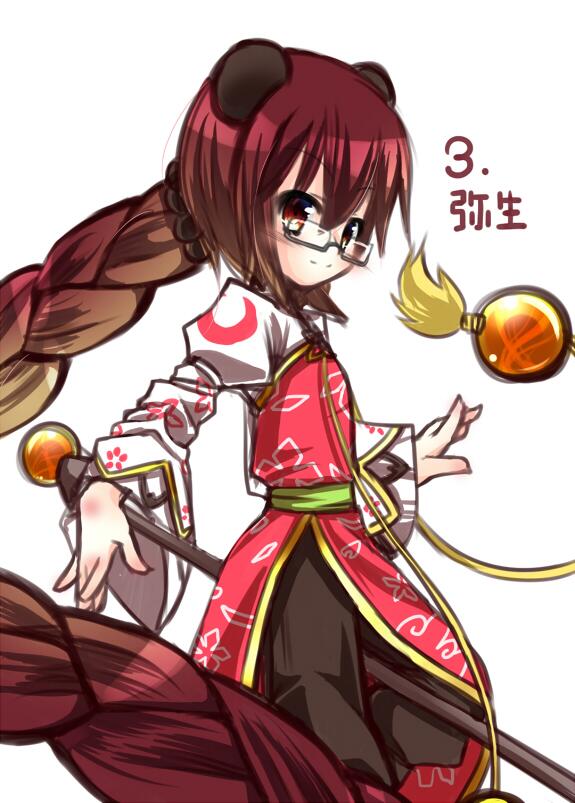 1girl, braid, brown_hair, brown_pants, commentary_request, emil_chronicle_online, from_side, glasses, holding, holding_polearm, holding_weapon, keys_shrine, long_hair, march, pants, polearm, shirt, shugoma_yayoi, solo, weapon, white_background, white_shirt