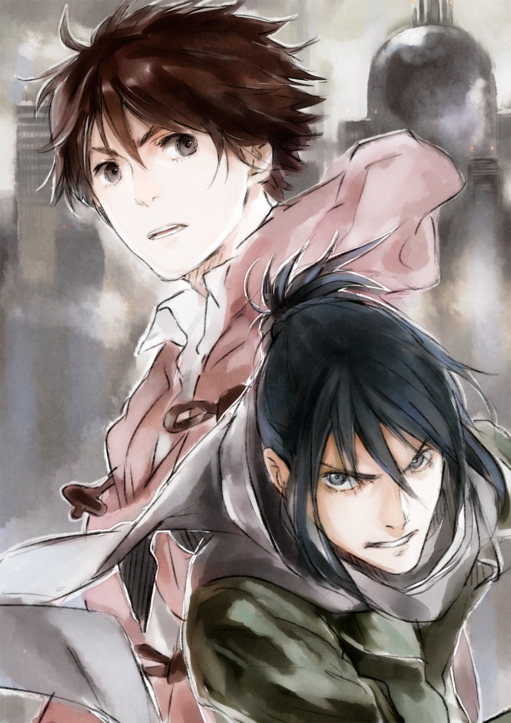 blue_hair, brown_eyes, brown_hair, coat, grey_eyes, highres, jacket, male