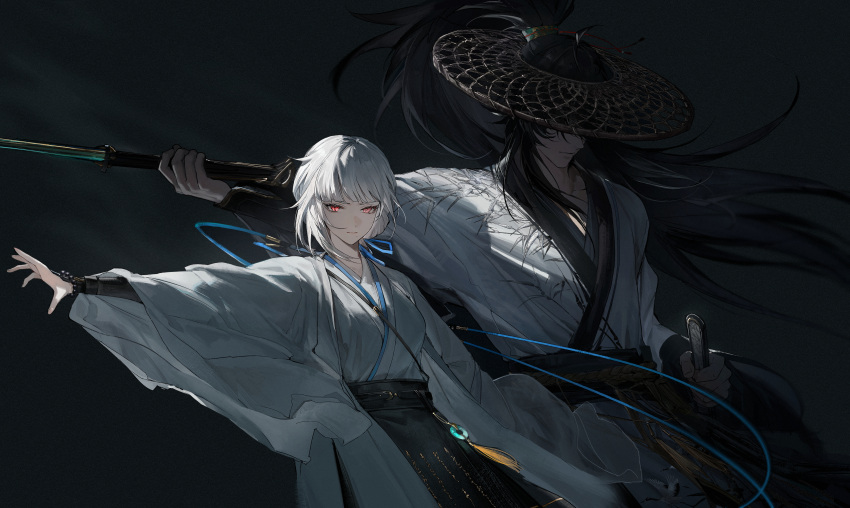 1boy, 1girl, absurdres, black_hair, black_skirt, breasts, chinese_clothes, chinese_commentary, closed_mouth, commentary_request, cousins, hanfu, hat, highres, holding, holding_sword, holding_weapon, long_hair, looking_at_viewer, male_focus, medium_breasts, medium_hair, official_alternate_costume, outstretched_arm, ponytail, qiuyuan_(wuthering_waves), red_eyes, robe, sanhua_(wuthering_waves), secretfj520, skirt, sword, weapon, white_hanfu, white_robe, wuthering_waves