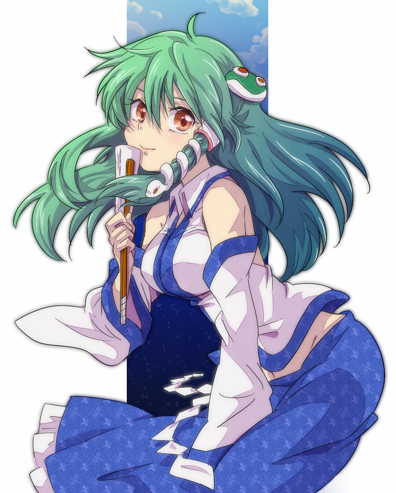 detached_sleeves, frog, green_hair, hair_ornament, kochiya_sanae, leaning_forward, long_hair, long_skirt