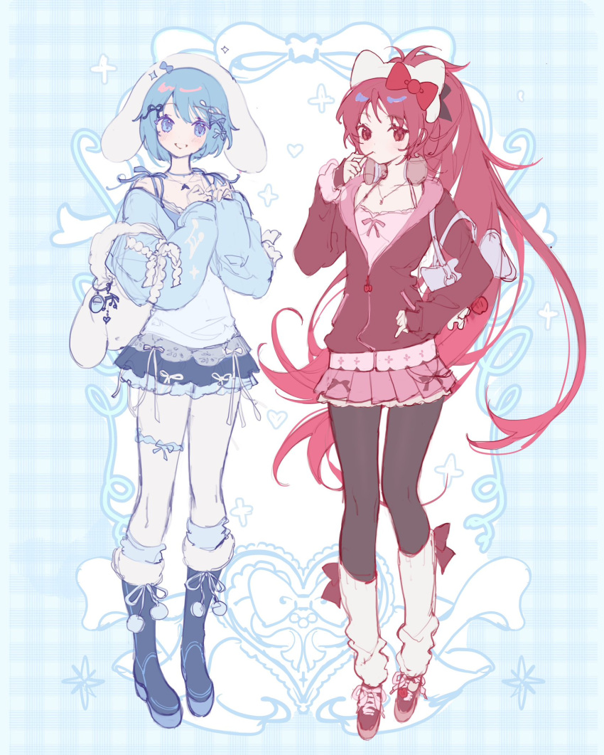 2girls, alternate_costume, apple, bag, balletcore, black_bow, black_pantyhose, blue_background, blue_boots, blue_eyes, blue_hair, blue_ribbon, blue_shirt, blue_skirt, blush, boots, bow, bow_legwear, cinnamoroll, cinnamoroll_(cosplay), commentary, cosplay, detached_sleeves, eating, fashion, food, frilled_skirt, frills, fruit, fuwa_fuwa_cinnamoroll, hair_bow, hair_ornament, hair_ribbon, handbag, hat, headphones, heart, hello_kitty, hello_kitty_(character), hello_kitty_(character)_(cosplay), highres, jacket, jewelry, leg_warmers, long_hair, looking_at_viewer, mahou_shoujo_madoka_magica, mahou_shoujo_madoka_magica_(anime), miki_sayaka, multiple_girls, musical_note, musical_note_hair_ornament, necklace, pantyhose, peachuu, pink_shirt, platform_boots, ponytail, red_bow, red_eyes, red_hair, red_jacket, red_shoes, red_skirt, ribbon, sakura_kyoko, sanrio, shirt, shoes, short_hair, skirt, smile, sneakers, thigh_strap, untranslatable_commentary, very_long_hair, white_hat, white_leg_warmers, white_ribbon, white_shirt, wishcore