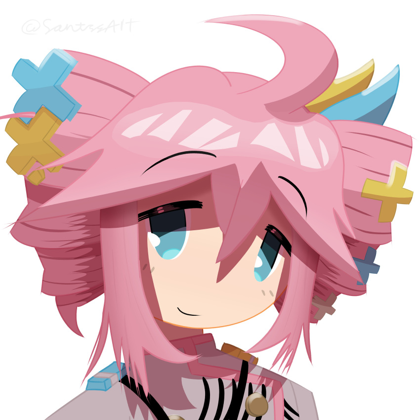 1girl, absurdres, ahoge, artist_name, blue_eyes, bocchi_the_rock!, cross_hair_ornament, crossed_bangs, crossover, drill_hair, gotoh_hitori, grey_jacket, hair_between_eyes, hair_ornament, highres, jacket, kasane_teto, kasane_teto_(sv), looking_at_viewer, multiple_crossover, pink_hair, santssart, shoujo_shuumatsu_ryokou, sidelocks, simple_background, solo, synthesizer_v, twin_drills, utau, white_background, yuuri_(shoujo_shuumatsu_ryokou)