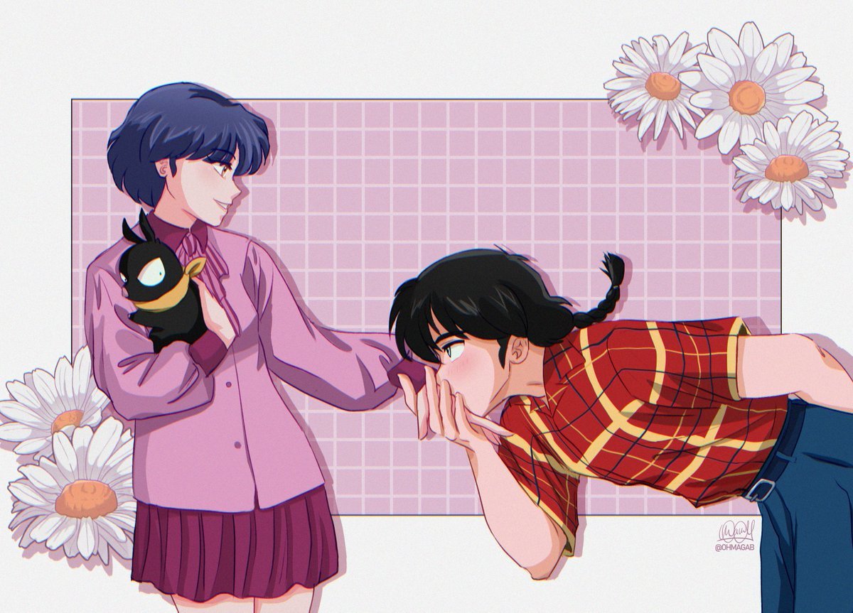 1boy, 1girl, animal, belt, black_hair, blue_hair, braid, brown_eyes