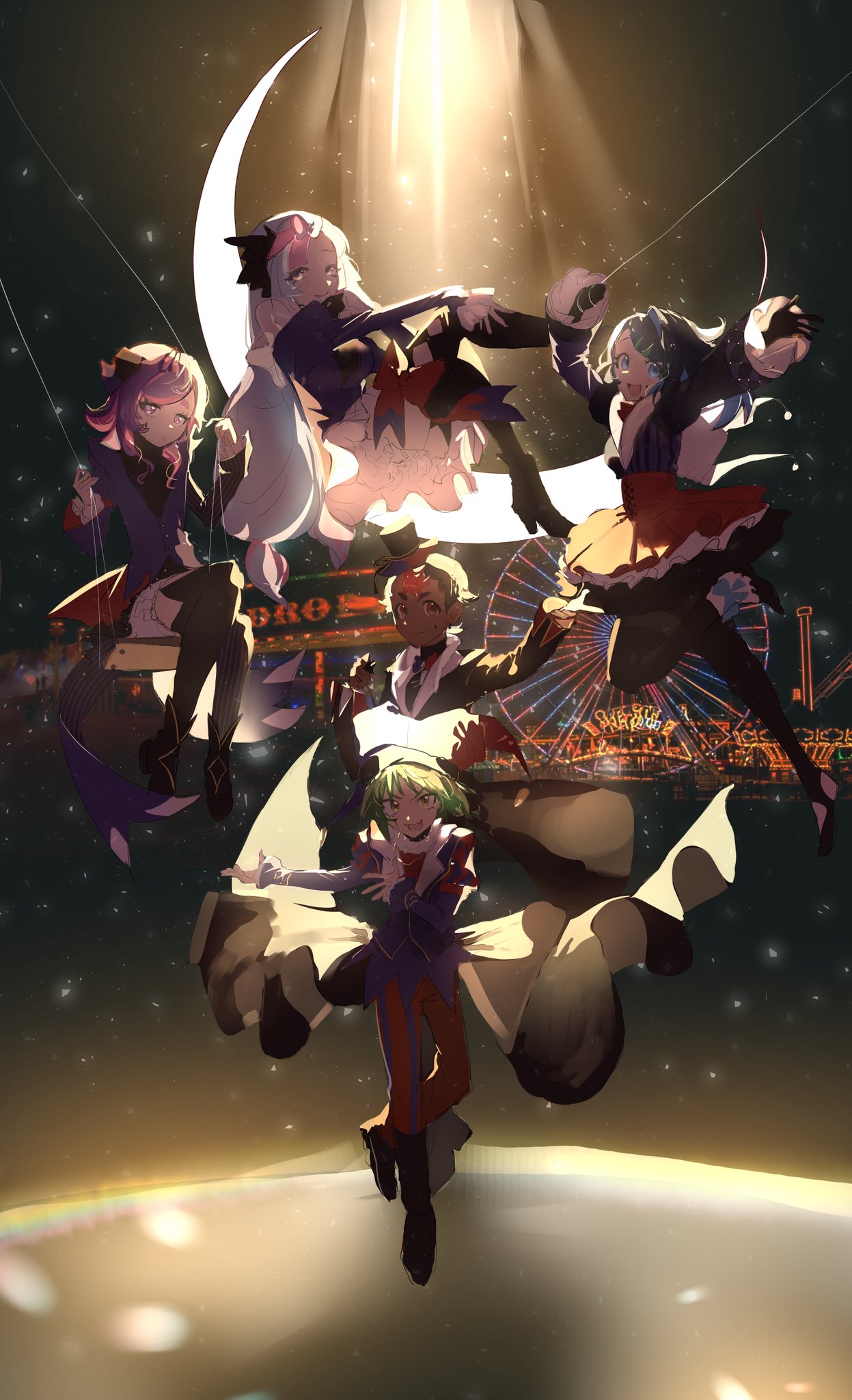 2boys, 3girls, alternate_costume, black_hair, black_hat, blue_eyes, blue_hair, brown_eyes, colored_inner_hair, commentary, corset, crescent, dark-skinned_male, dark_skin, dot_(pokemon), english_commentary, ferris_wheel, green_hair, hair_ornament, hairclip, hat, highres, iono_(pokemon), jacket, jester_cap, liko_(pokemon), long_hair, looking_at_viewer, multicolored_hair, multiple_boys, multiple_girls, on_crescent, on_swing, pants, pink_eyes, pink_hair, pokemon, pokemon_(anime), pokemon_horizons, purple_hair, purple_jacket, red_corset, red_pants, red_skirt, roy_(pokemon), short_hair, skirt, striped_clothes, striped_pants, swing, tsukihibiki, ult_(pokemon), vertical-striped_clothes, vertical-striped_pants, violet_eyes
