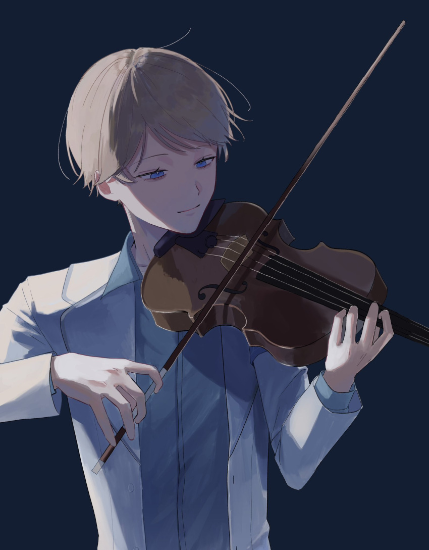 1boy, armband, blonde_hair, blue_armband, blue_eyes, blue_shirt, collared_shirt, dress_shirt