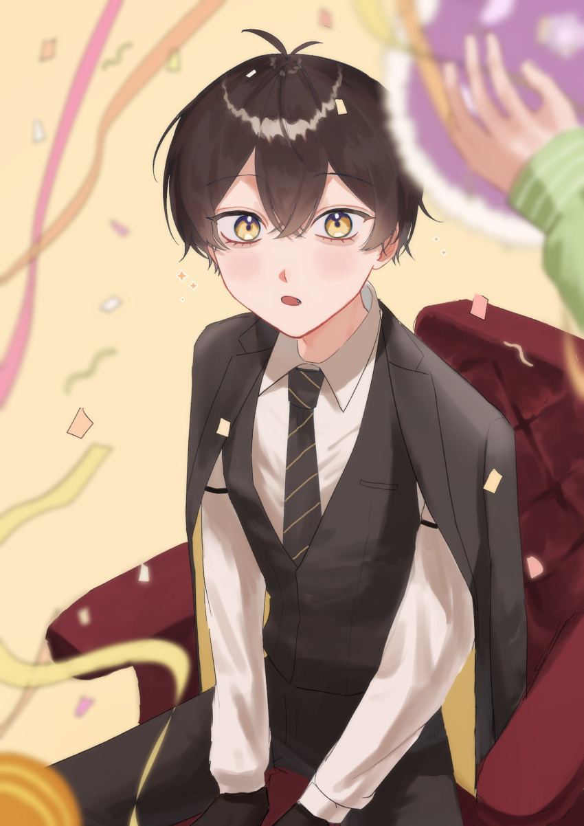 2boys, antenna_hair, armchair, between_legs, black_hair, black_jacket, black_necktie, black_pants