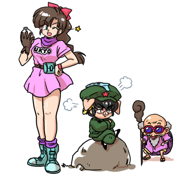 1girl, 2boys, ;d, animal_ears, balding, beard, blue_boots, boots